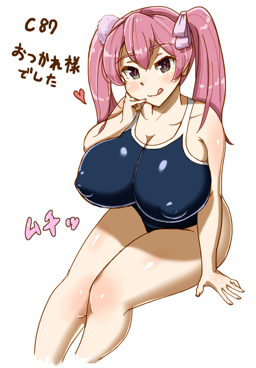 1girl akame_ga_kill! alternate_breast_size bare_shoulders black_hair blue_swimsuit blush breasts cleavage collarbone curvy erect_nipples female hair_ornament huge_breasts licking_lips long_hair long_twintails looking_at_viewer mine_(akame_ga_kill!) one-piece_swimsuit pink_hair plump puffy_nipples simple_background sitting smile solo swimsuit thick_thighs tongue tongue_out twintails violet_eyes white_background yosyo