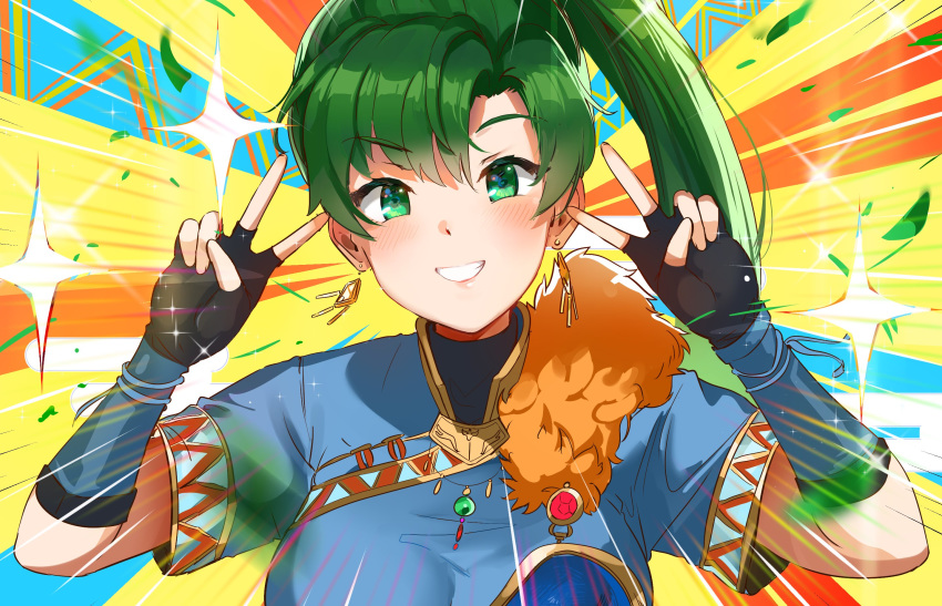 1girl aqua_background asymmetrical_bangs bangs black_gloves blue_dress blush breasts double_v dress earrings elbow_gloves emotional_engine_-_full_drive fate/grand_order fate_(series) fingerless_gloves fire_emblem fire_emblem:_the_blazing_blade gloves green_eyes green_hair grin hands_up high_ponytail highres jewelry large_breasts leaf long_hair looking_at_viewer lyn_(fire_emblem) ormille parody pendant ponytail short_sleeves smile solo sparkle striped striped_background v yellow_background