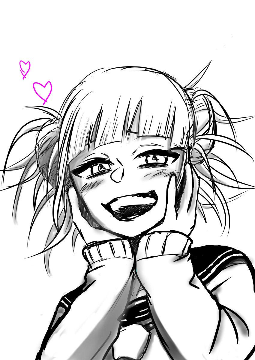 1girl absurdres bangs blush boku_no_hero_academia double_bun hands_on_own_cheeks hands_on_own_face heart highres messy_hair open_mouth school_uniform smile solo toga_himiko upper_body yandere_trance