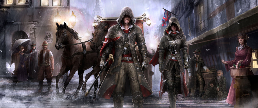 3girls 5boys animal assassin's_creed assassin's_creed_(series) belt brother_and_sister cane cape evie_frye flag food hood horse jacob_frye multiple_boys multiple_girls rain siblings sky standing weapon