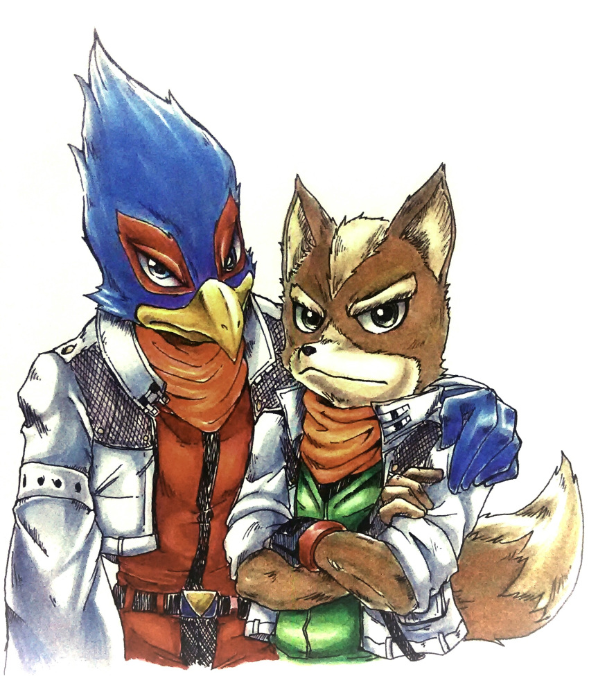 2boys blue_eyes falco_lombardi fox_mccloud furry green_eyes jacket multiple_boys nintendo scarf star_fox