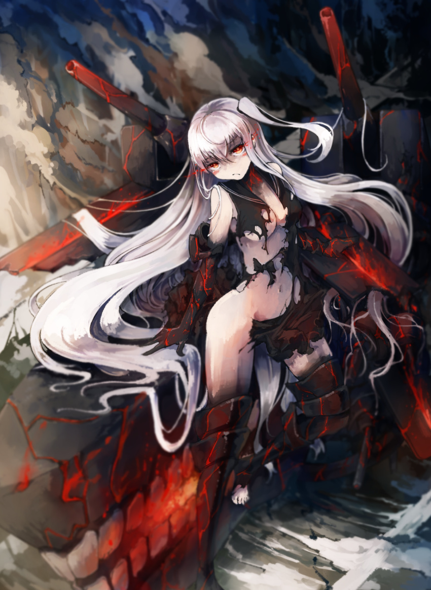 1girl aircraft_carrier_hime blush breasts highres kajaneko kantai_collection long_hair looking_at_viewer one_side_up pale_skin red_eyes shinkaisei-kan solo torn_clothes white_hair