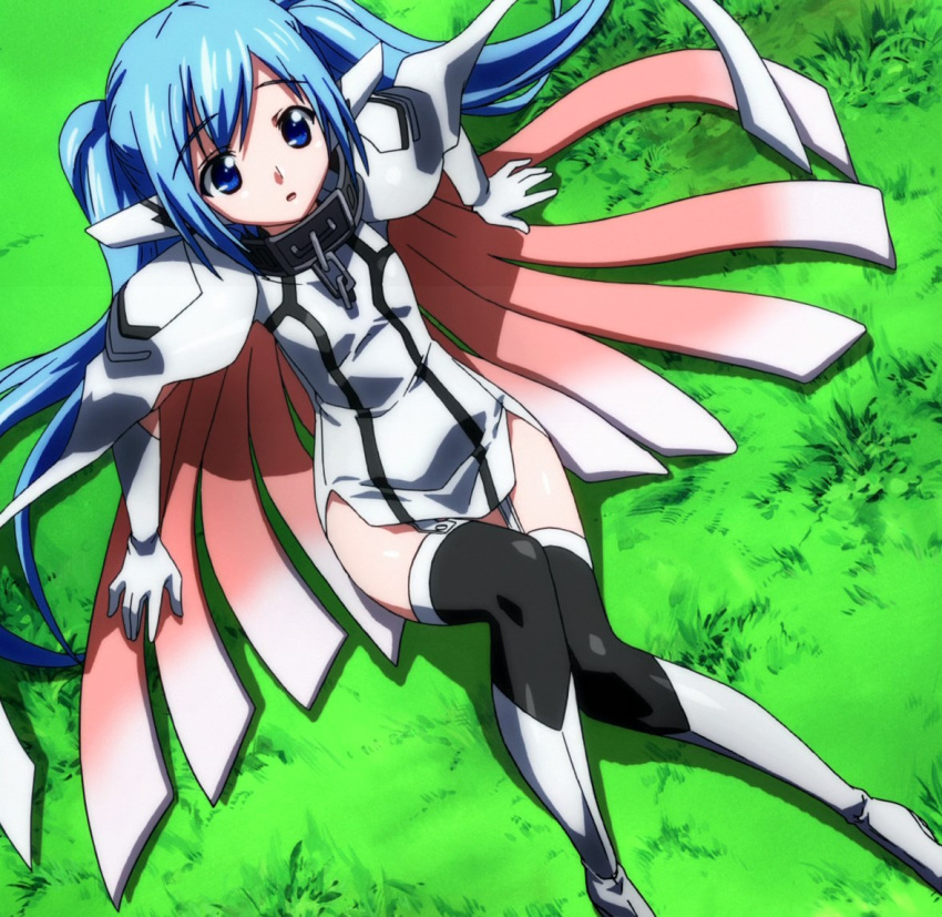 1girl blue_eyes blue_hair chains collar gloves long_hair looking_at_viewer nymph_(sora_no_otoshimono) robot_ears solo sora_no_otoshimono thigh-highs twintails very_long_hair wings