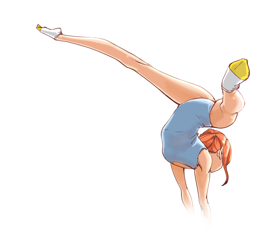 1girl arched_back arm_support child flexible handstanding orange_hair ponytail simple_background spread_legs tnsdl85 white_background yoga