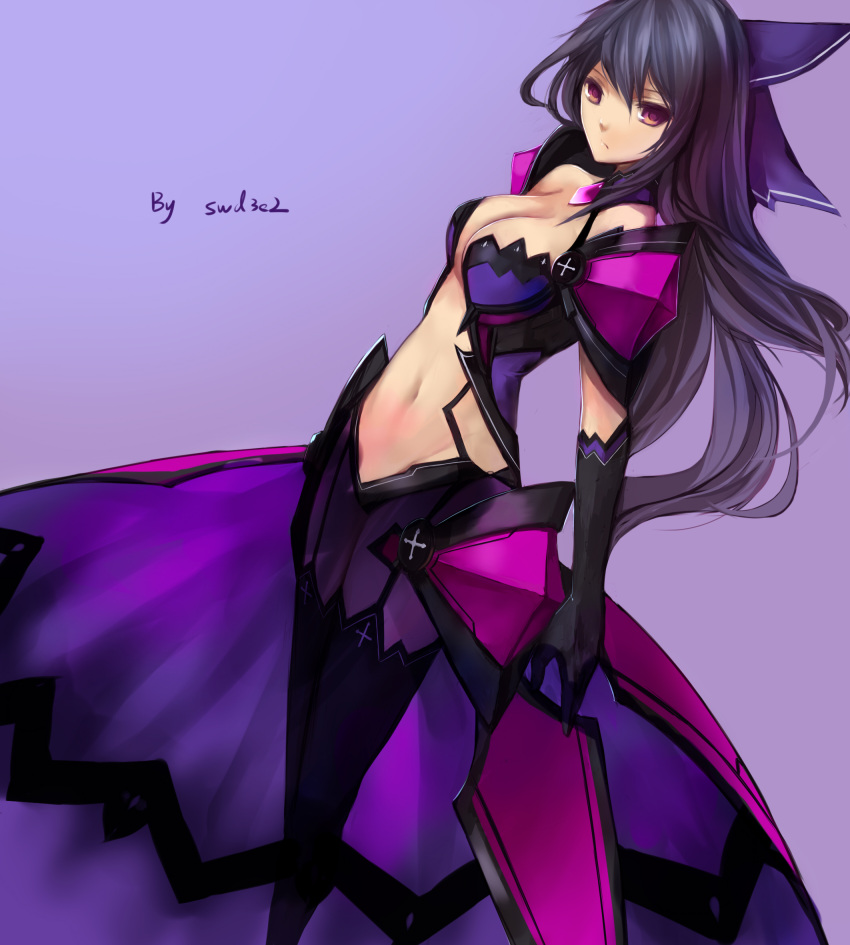 1girl breasts cleavage corruption dark_persona date_a_live highres long_hair looking_at_viewer navel orange_eyes purple_hair solo swd3e2 yatogami_tooka yatogami_tooka_(true_form)