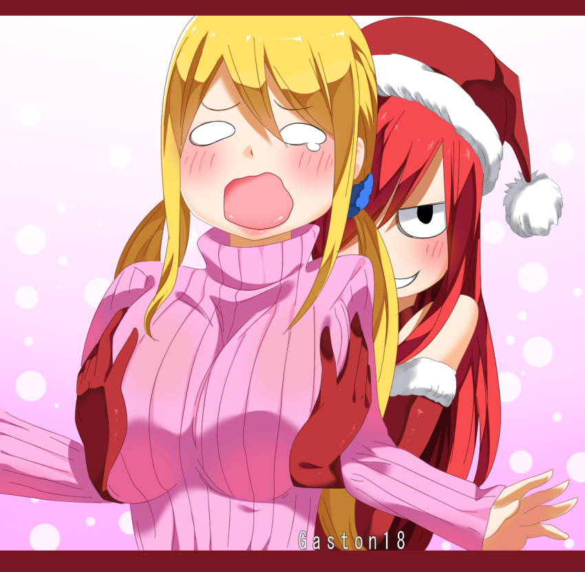 2girls blonde_hair blush breast_press breasts erza_scarlet fairy_tail gaston18 gloves hat huge_breasts large_breasts lucy_heartfilia multiple_girls open_mouth redhead santa_costume santa_hat smile twintails