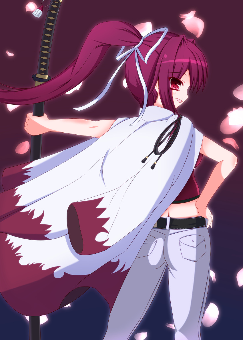 1girl artist_request ass backboob belt breasts cape cherry_blossoms denim from_behind hair_ribbon hand_on_hip haori japanese_clothes jeans katana long_hair looking_at_viewer looking_back open_mouth pants ponytail purple_hair red_eyes ribbon sheath sheathed smile solo sword tank_top under_night_in-birth weapon yuzuriha_(under_night_in-birth)