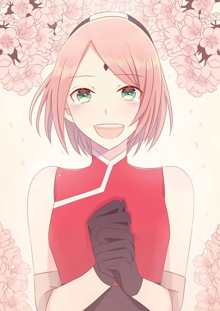 1girl arm_warmers bangs bare_shoulders black_gloves blush branch cherry_blossoms facial_mark floral_background forehead_mark gloves green_eyes hands_together happy happy_tears haruno_sakura headband jdkira0714 looking_at_viewer naruto naruto:_the_last open_mouth petals pink_hair sash shirt short_hair sleeveless sleeveless_shirt smile solo tears turtleneck upper_body