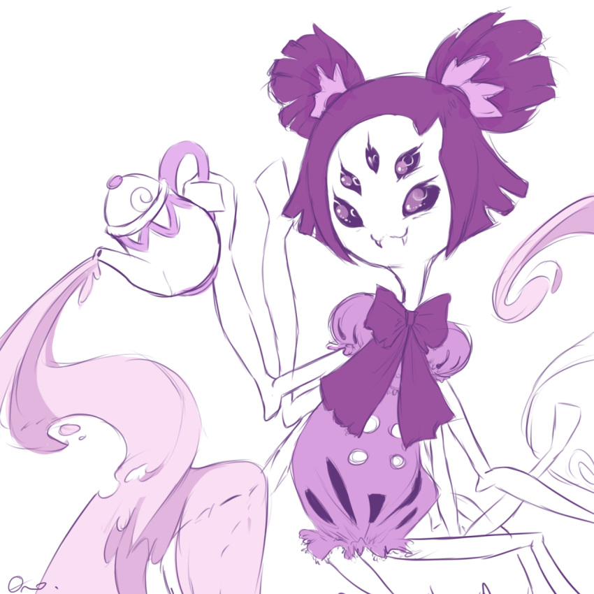 1girl cup extra_eyes fangs hair_ornament insect_girl monster_girl muffet multiple_arms puffy_sleeves purple purple_hair short_hair simple_background solo spider spider_girl teacup undertale