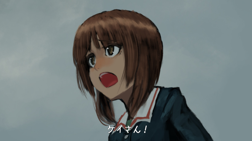1girl blurry brown_eyes brown_hair commentary female girls_und_panzer gradient gradient_background hettsuaa highres nishizumi_miho open_mouth outdoors short_hair sketch sky solo translated uniform upper_body worried