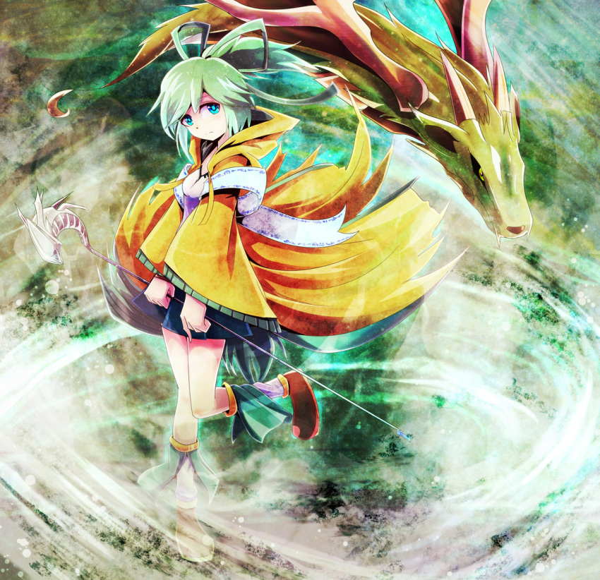 1girl blue_eyes breasts dragon duel_monster green_eyes green_hair hair_ornament jacket kuro_nasu long_hair looking_at_viewer petit_dragon ponytail ribbon skirt solo staff wind wynn yu-gi-oh! yuu-gi-ou_duel_monsters