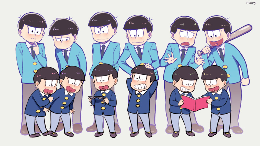 6+boys :3 baseball_bat black_eyes black_hair book brothers dual_persona grin hand_on_another's_head heart heart_in_mouth male_focus matsuno_choromatsu matsuno_ichimatsu matsuno_juushimatsu matsuno_jyushimatsu matsuno_karamatsu matsuno_osomatsu matsuno_todomatsu mery_(apfl0515) multiple_boys necktie open_mouth osomatsu-kun osomatsu-san sextuplet_(osomatsu-kun) sextuplets siblings smile sunglasses sunglasses_removed time_paradox younger