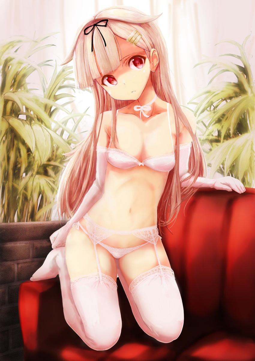 1girl blonde_hair blush bow bra breasts choker cleavage couch elbow_gloves garter_belt garter_straps gloves hair_flaps hair_ornament hair_ribbon hairclip highres kantai_collection lingerie long_hair looking_at_viewer nanai navel panties pink_bra pink_gloves pink_legwear pink_panties pinup plant red_eyes remodel_(kantai_collection) ribbon ribbon_choker side-tie_panties small_breasts solo thigh-highs underwear underwear_only yuudachi_(kantai_collection)