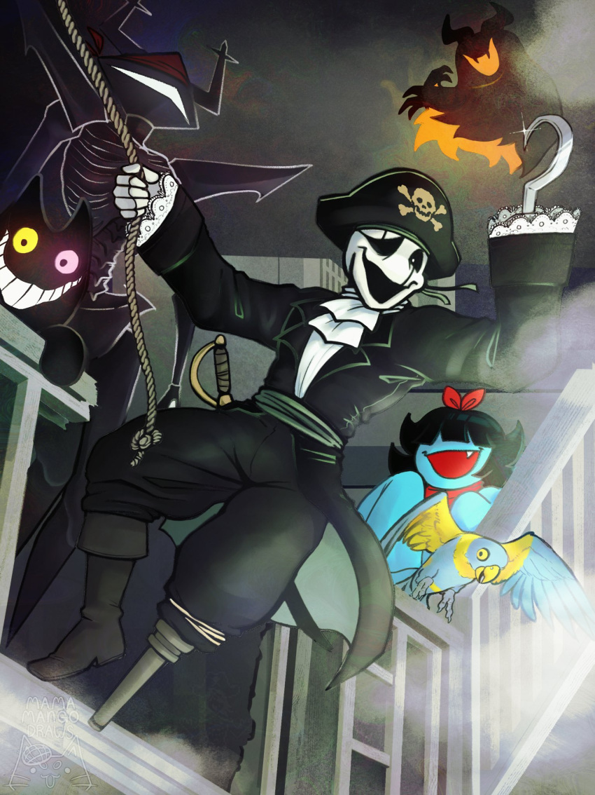 1boy 1girl 3others aqua_(deltarune) aqua_dress aqua_skin armor artist_logo artist_name bandana bird black_armor black_hair blue_feathers boots bow cat cloak colored_skin commentary cutlass deltarune dress english_commentary eram_(deltarune) evilmangocat eyepatch fang feathers fog friend_(deltarune) hair_bow hat heterochromia highres hook_hand horns logo looking_at_viewer multiple_others night normal_npc_(deltarune) parrot peg_leg pink_eyes pirate_costume pirate_hat pirate_ship red_bandana red_bow red_scarf ribs roaring_knight scarf shoulder_armor skull_and_crossbones sleeves_past_fingers sleeves_past_wrists smile stairs swinging_on_rope undertale utdr_(toby_fox) w.d._gaster yellow_eyes yellow_feathers