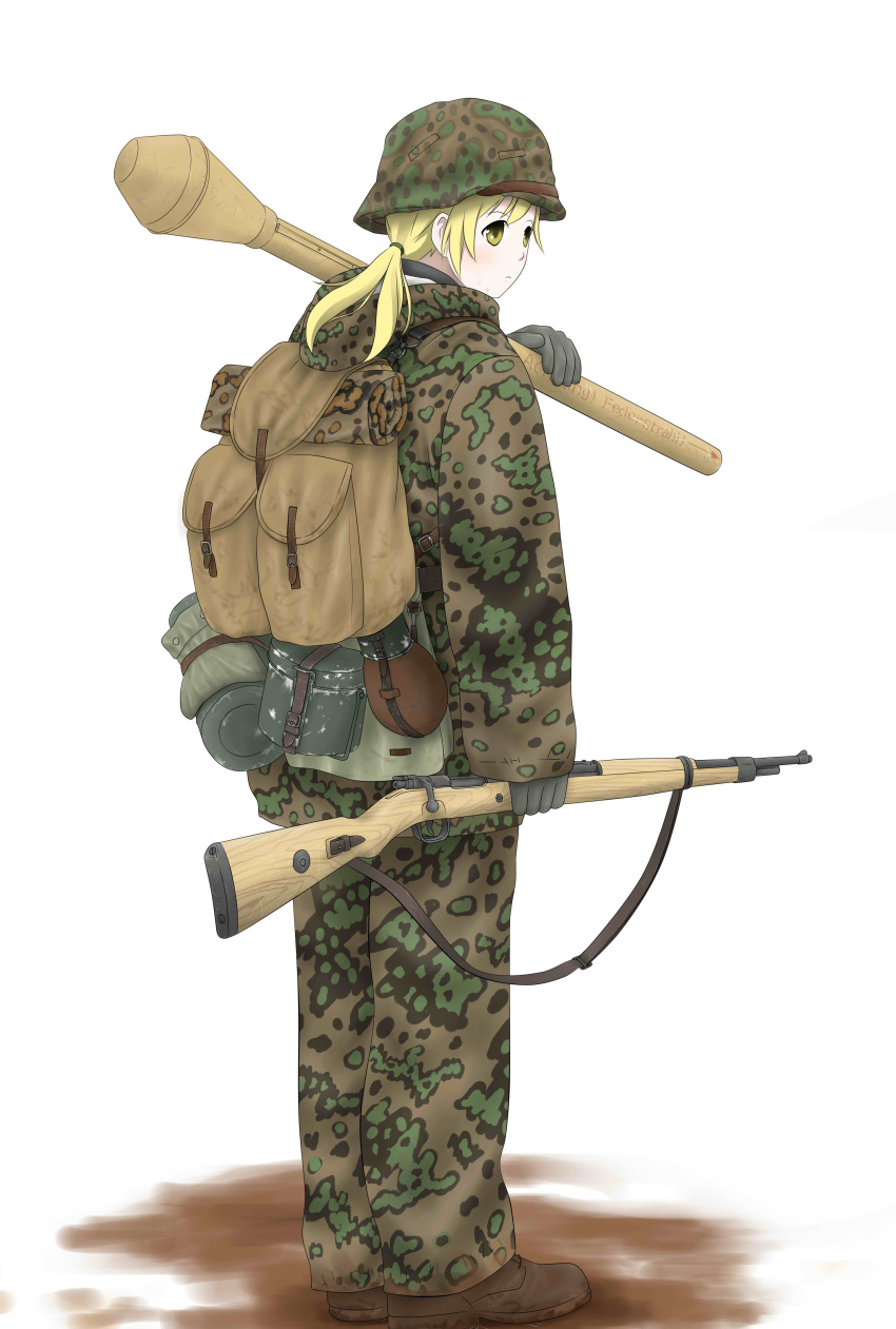 1girl absurdres assault_rifle backpack bag bolt_action camouflage gun helmet highres holding holding_gun holding_weapon hood loafers military military_uniform millimeter original ponytail rifle shoes short_hair simple_background solo standing uniform weapon white_background