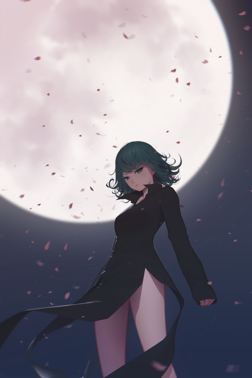 1girl absurdres bangs bare_legs black_dress closed_mouth curly_hair dress flipped_hair from_below frown green_eyes green_hair highres long_sleeves maredoro moon motion_blur night night_sky one-punch_man outdoors petals short_hair side_slit sky sleeves_past_wrists solo swept_bangs tatsumaki wind