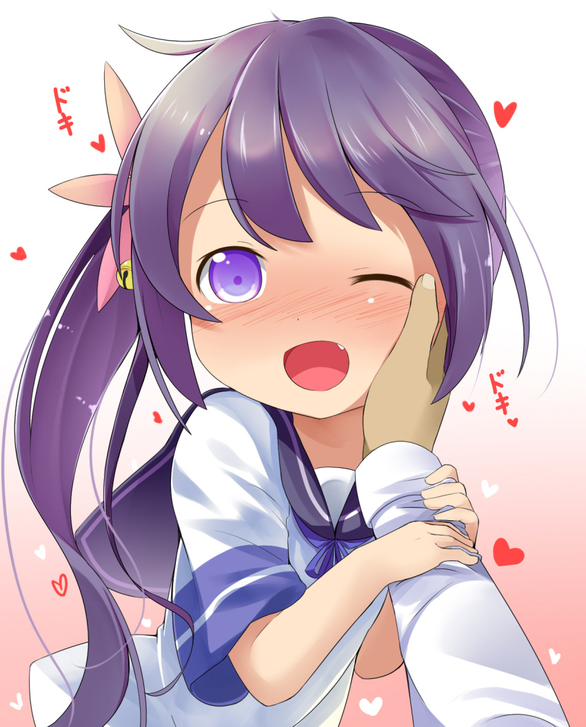 1girl akebono_(kantai_collection) bell blush commentary_request fang flower hair_bell hair_flower hair_ornament hand_on_another's_cheek hand_on_another's_face heart highres kantai_collection long_hair looking_at_viewer makuran open_mouth pov_hands purple_hair school_uniform serafuku side_ponytail smile solo_focus very_long_hair violet_eyes wrist_grab younger