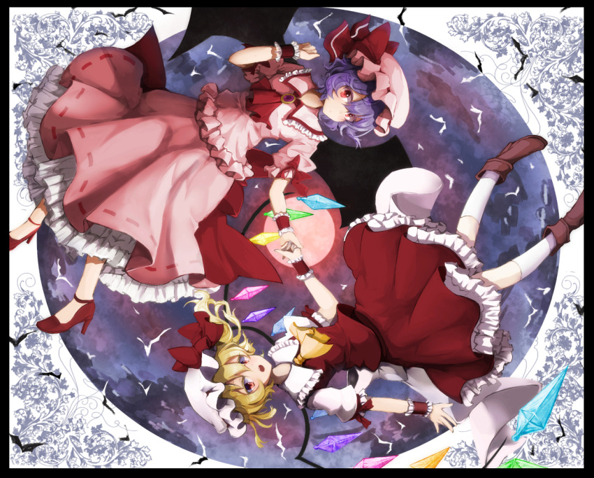 2girls ascot bat_wings blonde_hair bow brooch dress flandre_scarlet full_moon furapechi hand_holding hat hat_bow jewelry lavender_hair looking_at_viewer mob_cap moon multiple_girls open_mouth pink_dress puffy_short_sleeves puffy_sleeves red_moon remilia_scarlet shirt short_sleeves siblings side_ponytail sisters skirt skirt_set touhou vest wings wrist_cuffs