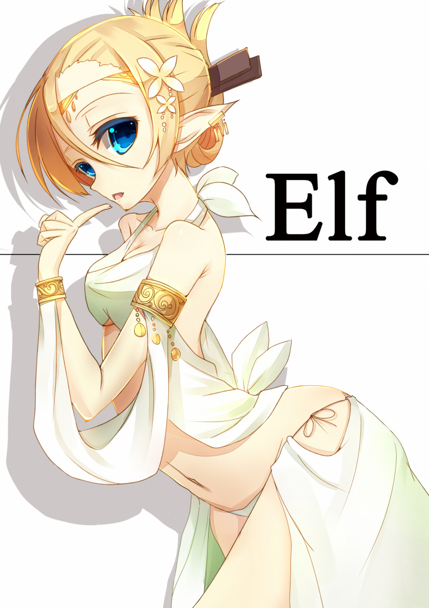 1girl :d arched_back armlet blonde_hair blue_eyes breasts cleavage coin_(ornament) cowboy_shot detached_sleeves earrings elf folded_ponytail from_side hair_between_eyes hair_ornament hairclip highres if_(asita) index_finger_raised jewelry long_hair looking_at_viewer midriff open_mouth original panties pointy_ears side-tie_panties skirt sleeveless smile solo text underwear white_flower white_panties white_skirt wristlet