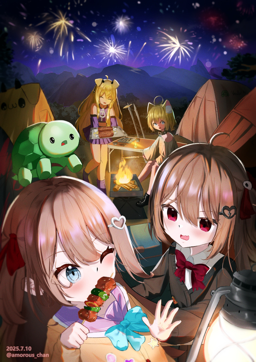 4girls absurdres aerial_fireworks black_shirt blush brown_eyes brown_hair brown_shirt closed_mouth evil_neuro-sama evil_neuro-sama_(1st_costume) fireworks hair_ornament heart heart_hair_ornament highres indie_virtual_youtuber looking_at_viewer luna_amrous medium_hair multiple_girls neuro-sama neuro-sama_(1st_costume) one_eye_closed open_mouth red_eyes shirt siblings sisters smile turtle twins vedal987 vedal_ai virtual_youtuber