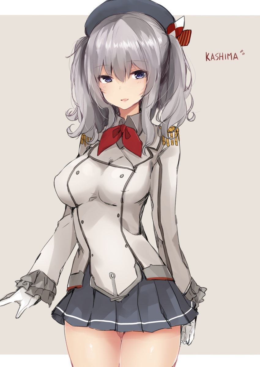 1girl blue_eyes breasts gloves hairband highres kantai_collection kashima_(kantai_collection) large_breasts long_hair military military_uniform miniskirt pimemomo silver_hair skirt smile twintails uniform