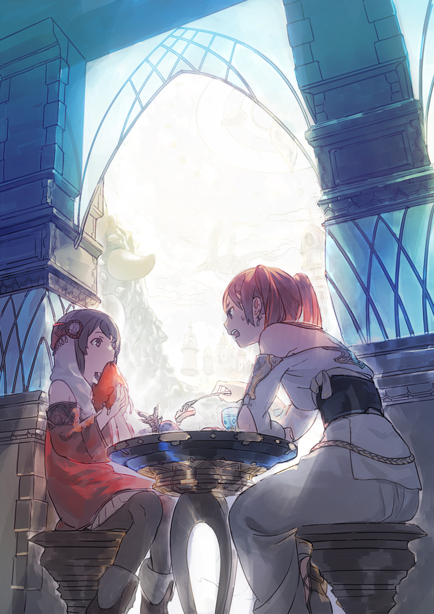 2girls angry backlighting bare_shoulders brown_eyes brown_hair cup detached_sleeves earrings eating eye_contact final_fantasy final_fantasy_xiv food fork hair_ornament headdress highres hyur jewelry kawaguchi_(mojacome) leaning_forward looking_at_another mojacome mouse multiple_girls open_mouth original ponytail short_ponytail sitting stool sunlight table