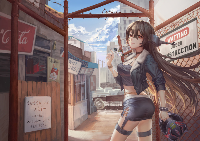 1girl barbed_wire black_hair blue_sky bomber_jacket bra_strap breasts brown_eyes building casual chain-link_fence cleavage clouds coca-cola contemporary cowboy_shot crop_top cropped_jacket engrish fence gloves headgear headwear_removed helmet helmet_removed hibiki_(kantai_collection) highres jacket kantai_collection keychain long_hair looking_at_viewer looking_to_the_side maomaozi marlboro microskirt midriff monster_(drink) monster_energy nagato_(kantai_collection) nail_polish outdoors parted_lips ranguage sign skirt sky solo standing strap_gap twisted_torso verniy_(kantai_collection)
