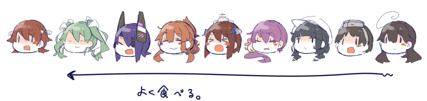 6+girls absurdres ahoge akebono_(kantai_collection) bangs bell black_hair blush_stickers braid brown_hair closed_eyes eyepatch female_admiral_(kantai_collection) goggles goggles_on_head green_hair hair_bell hair_ornament hair_over_one_eye hair_ribbon hair_up hat headgear hiei_(kantai_collection) highres inazuma_(kantai_collection) kantai_collection long_image maru-yu_(kantai_collection) multiple_girls pekeko_(pepekekeko) pepekekeko purple_hair ribbon side_ponytail smile tenryuu_(kantai_collection) translated twin_braids twintails ushio_(kantai_collection) watabe_koharu wide_image yukikaze_(kantai_collection) zuikaku_(kantai_collection)