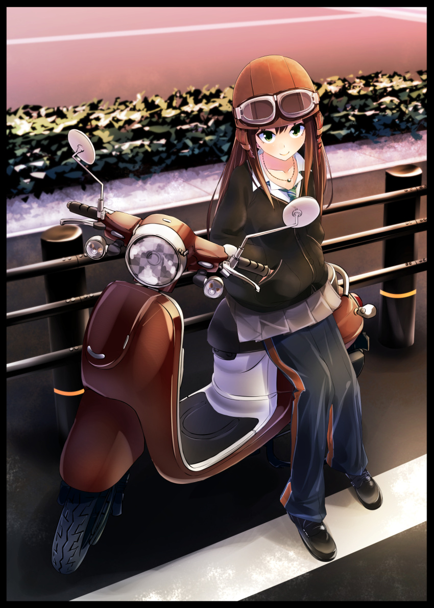 1girl brown_hair cardigan fence from_above goggles goggles_on_head green_eyes ground_vehicle helmet highres idolmaster idolmaster_cinderella_girls jewelry long_hair mankun motor_vehicle motorcycle necklace necktie pants pants_under_skirt school_uniform scooter shibuya_rin skirt smile solo vehicle