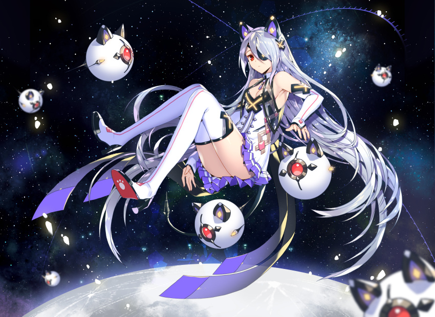 1girl absurdres animal_ears armpits ass bare_shoulders boots breasts cat_ears commentary detached_sleeves dress elbow_gloves empew eyepatch fake_animal_ears floating gloves highres long_hair looking_at_viewer original paw_print red_eyes short_dress silver_hair space star thigh-highs thigh_boots very_long_hair white_boots