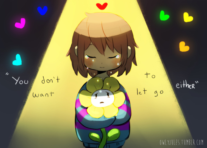 androgynous blush brown_hair closed_eyes crying english flower flowey_(undertale) frisk_(undertale) glowing heart holding holding_flower hug hug_from_behind looking_up owlyjules parted_lips short_hair spoilers spotlight striped striped_sweater sweater tears undertale watermark web_address