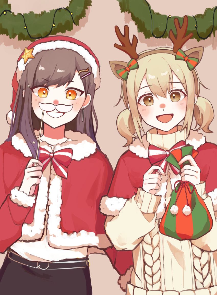 2girls absurdres animal_ear_hairband animal_ears antlers azusawa_kohane black_hair brown_eyes brown_hair cl0o0ud commentary_request deer_ears earrings fake_animal_ears fake_facial_hair fake_mustache fur_trim grin hair_ornament hairband hairclip hand_up hands_up hat highres holding horns jewelry korean_commentary long_hair long_sleeves looking_at_viewer multiple_girls multiple_hairclips open_mouth orange_eyes project_sekai reindeer_antlers santa_costume santa_hat shiraishi_an short_twintails smile star_(symbol) sweater turtleneck twintails wreath