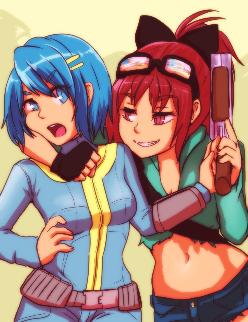 2girls absurdres arm_around_neck belt blue_eyes blue_hair caffeccino commentary crossover fallout fallout_4 fang fingerless_gloves gloves goggles goggles_on_head grin gun hair_ornament hair_ribbon hairclip highres long_hair mahou_shoujo_madoka_magica midriff miki_sayaka multiple_girls navel pip_boy ponytail red_eyes redhead ribbon sakura_kyouko sawed-off_shotgun short_hair shorts shotgun smile weapon yuri