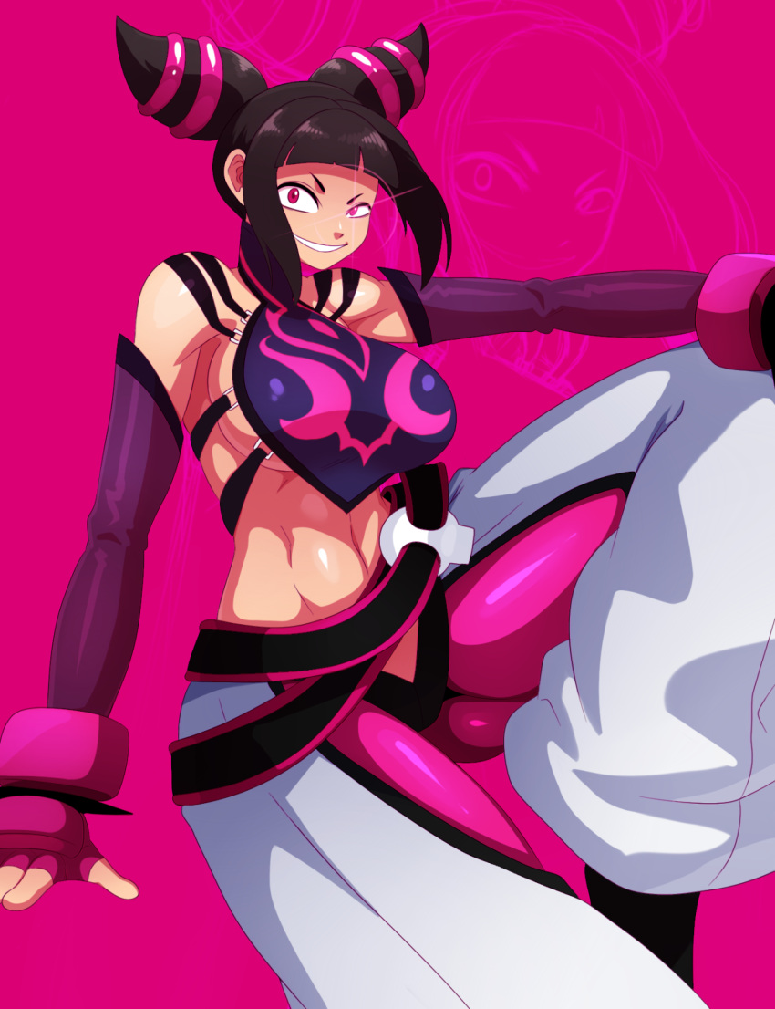 belt breasts eric_lowery gloves han_juri large_breasts looking_at_viewer midriff navel pink_background pink_eyes sitting smile street_fighter street_fighter_iv