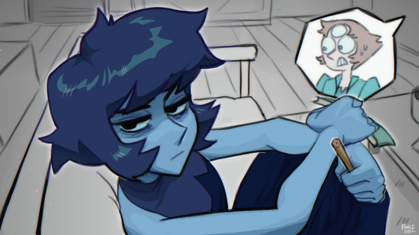 2girls animification blue_hair blue_skin closed_mouth colored_skin couch fake_doe gem_(steven_universe) highres holding holding_pencil lapis_lazuli_(steven_universe) multiple_girls pearl_(steven_universe) pencil shirt short_hair sitting speech_bubble steven_universe steven_universe_future table