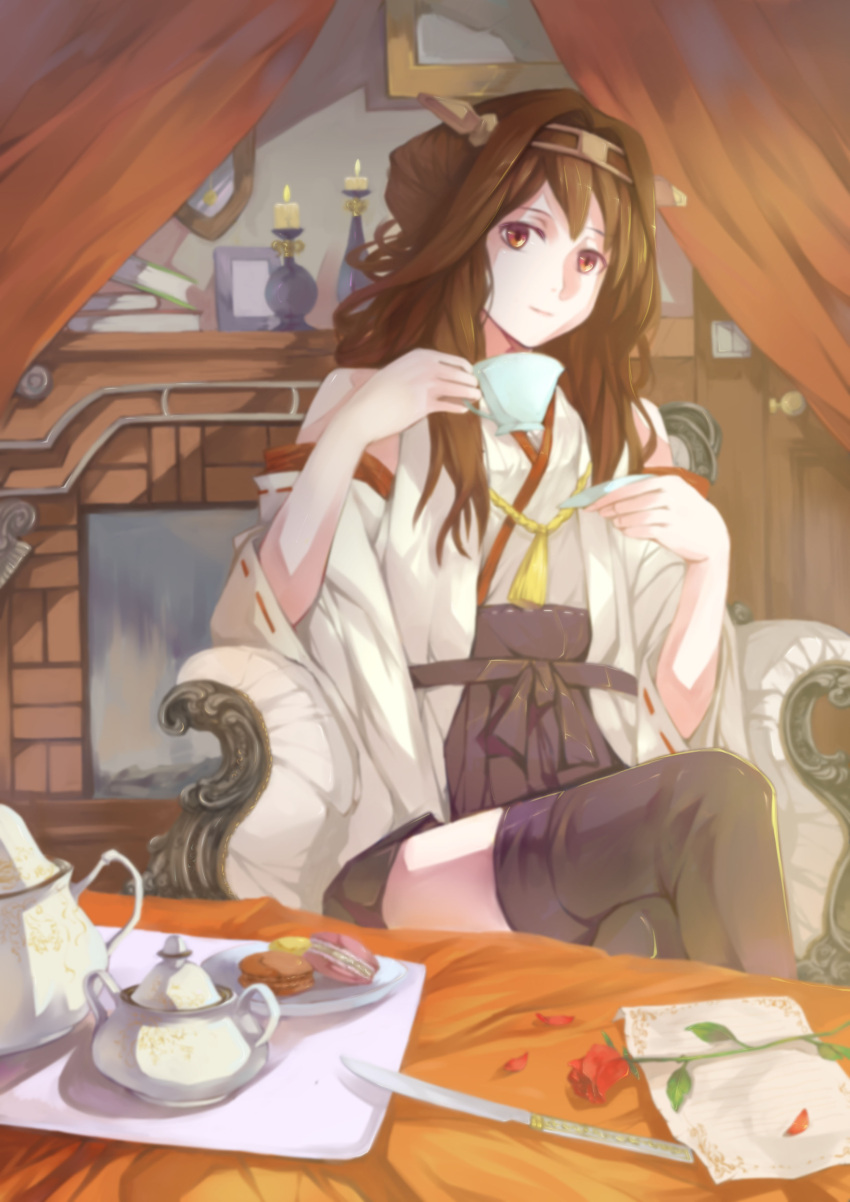 1girl absurdres biscuit book boots brown_eyes brown_hair candlestand chair cup curtains detached_sleeves fireplace flower highres kantai_collection kettle knife kongou_(kantai_collection) legs_crossed long_hair looking_at_viewer nontraditional_miko photo_(object) rose sitting solo table teacup thigh-highs thigh_boots xinuo223