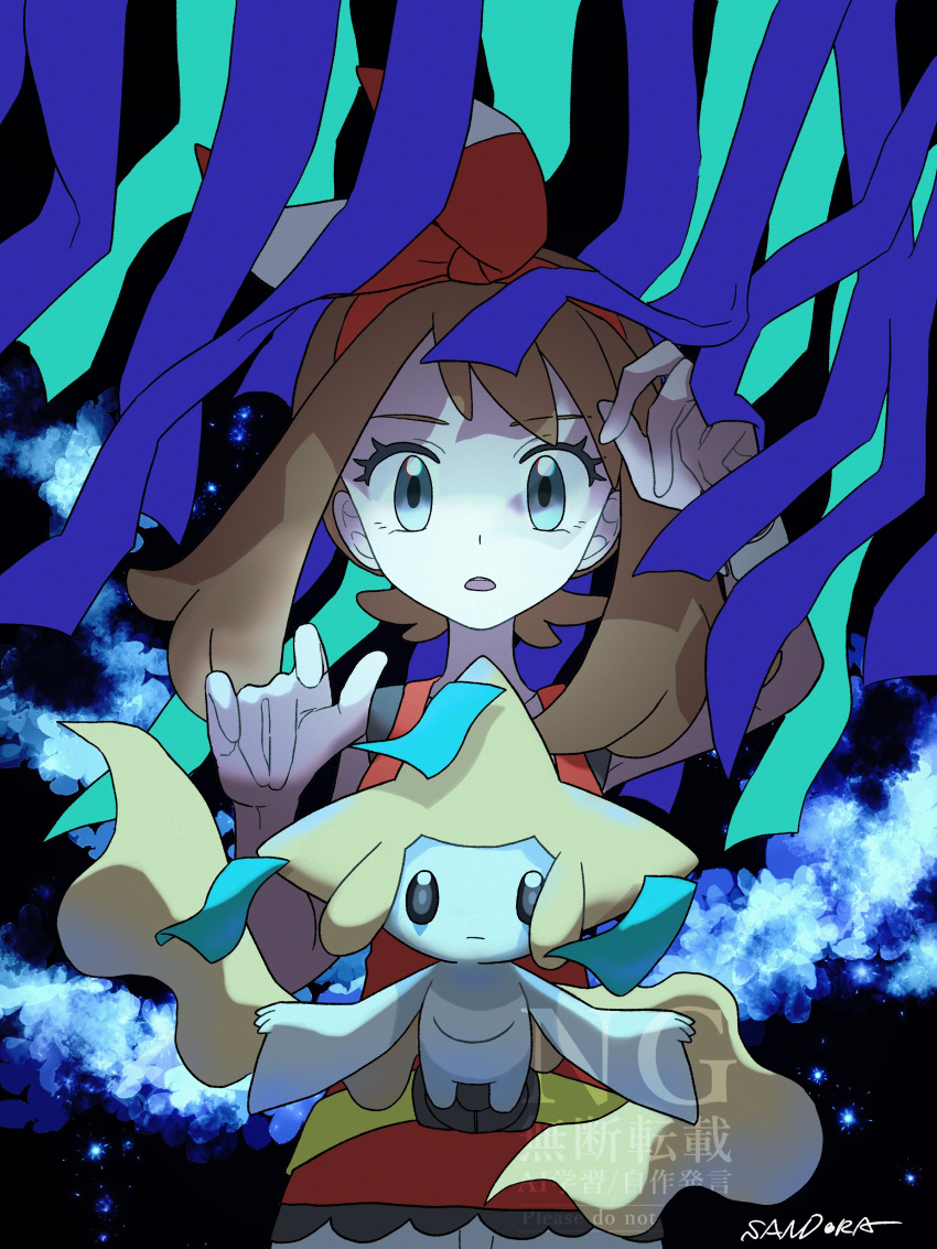 1girl :o absurdres artist_name bow bow_hairband brown_hair commentary_request eyelashes grey_eyes hair_bow hairband highres jirachi looking_at_viewer may_(pokemon) open_mouth pokemon pokemon_(creature) pokemon_omega_ruby_and_alpha_sapphire red_bow red_hairband red_shirt sandora_(karugamo_no_e) shirt sleeveless sleeveless_shirt solo watermark