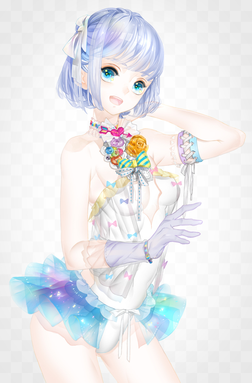 1girl :d arm_strap arrow bangs bare_shoulders belt blue_eyes blue_hair blunt_bangs bow breasts buttons checkered checkered_background choker cleavage cowboy_shot cross-laced_clothes flower frills gloves gluteal_fold hair_bow hair_ribbon half_updo hand_on_own_neck heart highres k_ototo leotard looking_at_viewer open_mouth original ribbon ribbon_trim rose see-through short_hair sleeveless smile solo striped striped_bow teeth white_bow white_ribbon