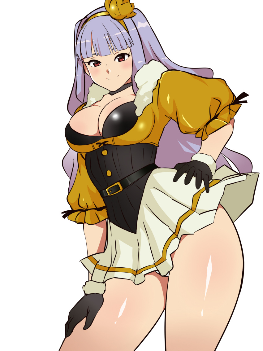 1girl belt beyond_the_nobles black_gloves breasts choker cleavage female fur_trim gloves hairband hand_on_hip hand_on_own_thigh highres idolmaster kagemusha large_breasts long_hair purple_hair red_eyes shijou_takane silver_hair simple_background skirt smile solo thighs white_background