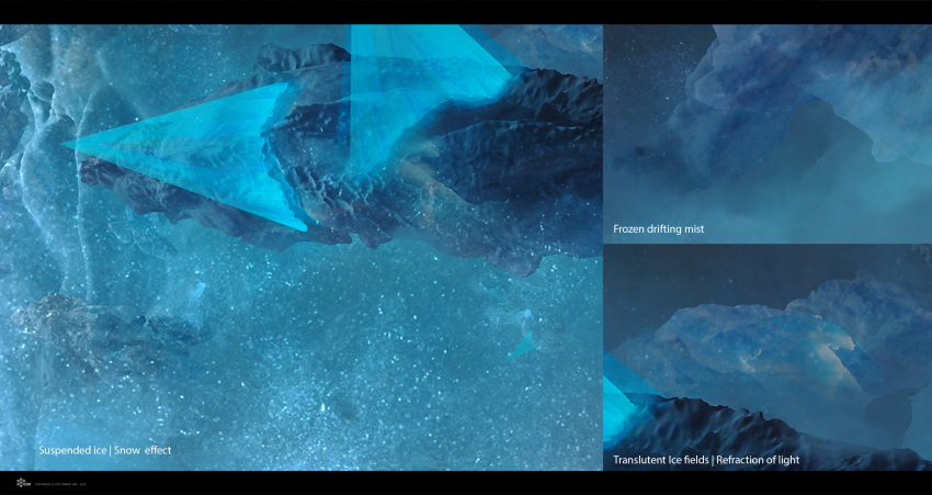 asteroid asteroid_field boulder clouds commentary company_logo company_name concept_art crack daniel_matthews dated english_commentary english_text eve_online floating floating_object floating_rock fog glowing highres landscape letterboxed logo no_humans official_art outdoors photoshop_(medium) realistic rock scenery science_fiction snow space zero_gravity
