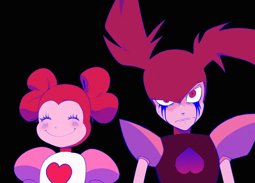 2girls absurdres closed_eyes colored_skin commentary_request dual_persona gem gem_(steven_universe) heart highres homeworld_gem_uniform long_hair multiple_girls pink_eyes pink_hair pink_skin pnkeki puffy_short_sleeves puffy_sleeves short_sleeves shoulder_pads_(fashion) simple_background smile spinel_(original_form)_(steven_universe) spinel_(steven_universe) steven_universe steven_universe:_the_movie twintails