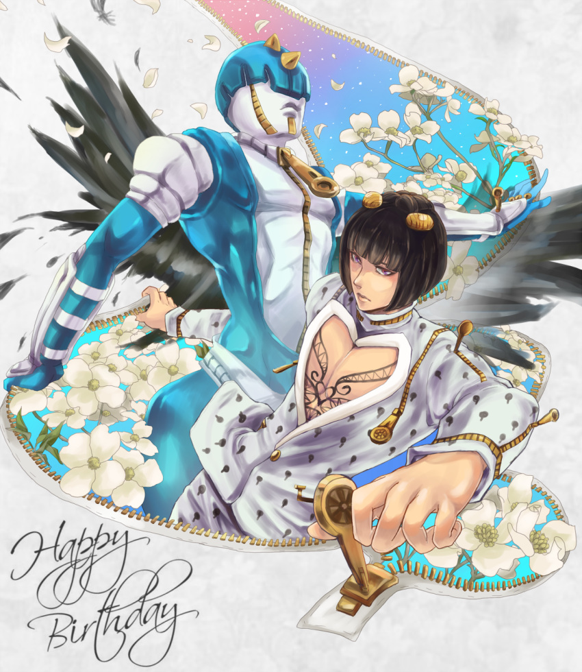 1boy angel_wings black_hair black_wings bob_cut bruno_buccellati bruno_bucciarati flower foreshortening hair_ornament hairclip happy_birthday highres hirai_shin jojo_no_kimyou_na_bouken male_focus petals stand_(jojo) sticky_fingers_(stand) violet_eyes wings zipper