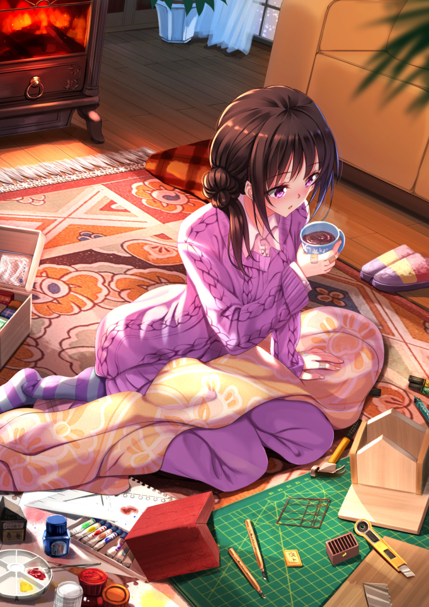 1girl alternate_costume alternate_hairstyle aran_sweater arm_support bandaid bandaid_on_finger bangs blanket blowing blurry blush bottle box boxcutter brown_hair carpet chalkboard coffee couch cup curtains drink eyebrows eyebrows_visible_through_hair fire fireplace floral_print fringe from_above furniture hair_bun hammer highres holding holding_cup iki_hiyori indoors ink_bottle knife long_hair long_sleeves marker no_shoes noragami on_floor paint paint_tube paintbrush palette pants paper pen plaid plant potted_plant purple_pants rug ruler shirt shoes_removed sitting slippers snowing socks solo stationery steam striped striped_legwear sweater swordsouls tassel violet_eyes white_shirt window wing_collar wooden_floor yokozuwari