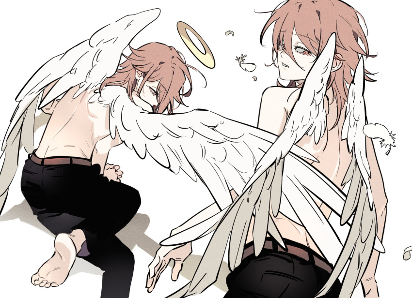 1boy angel_devil_(chainsaw_man) angel_wings barefoot belt black_pants brown_belt chainsaw_man falling_feathers feathered_wings feathers from_behind hair_between_eyes halo highres long_hair male_focus multiple_boys multiple_views on_floor pants parted_lips simple_background soles suit_pants teeth toes topless_male traditional_halo tus_oo white_background wings