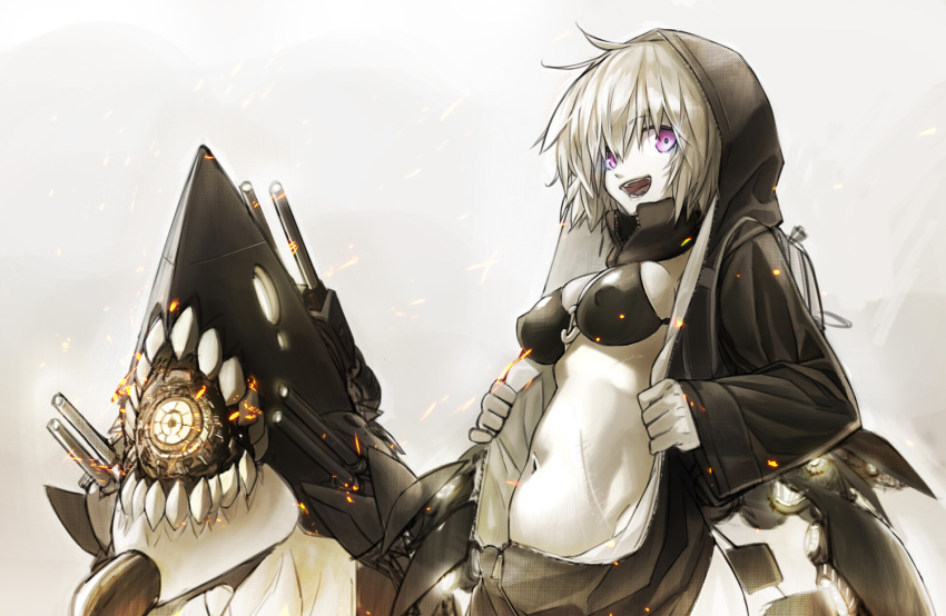 1girl backpack bag breasts cleavage embers glowing glowing_eyes grey_background hood hoodie kantai_collection kirii looking_at_viewer navel o-ring_top open_mouth pale_skin re-class_battleship scar scarf shinkaisei-kan short_hair silver_hair smoke solo tail upper_body violet_eyes