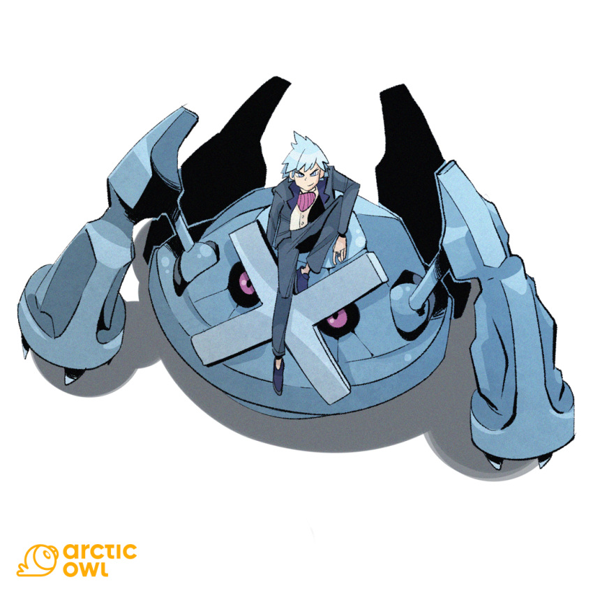 1boy artist_name black_sclera blue_eyes blue_hair blue_jacket blue_pants colored_sclera elarcticowl english_commentary full_body jacket male_focus metagross pants pokemon pokemon_(creature) pokemon_omega_ruby_and_alpha_sapphire riding riding_pokemon shadow sitting steven_stone white_background