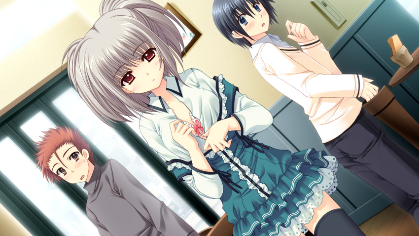 1girl 2boys black_hair black_legwear blue_eyes bra brown_eyes brown_hair embarrassed game_cg grey_hair kona_nako multiple_boys nishimata_aoi open_clothes open_shirt sekai_seifuku_kanojo shirt thigh-highs underwear undressing