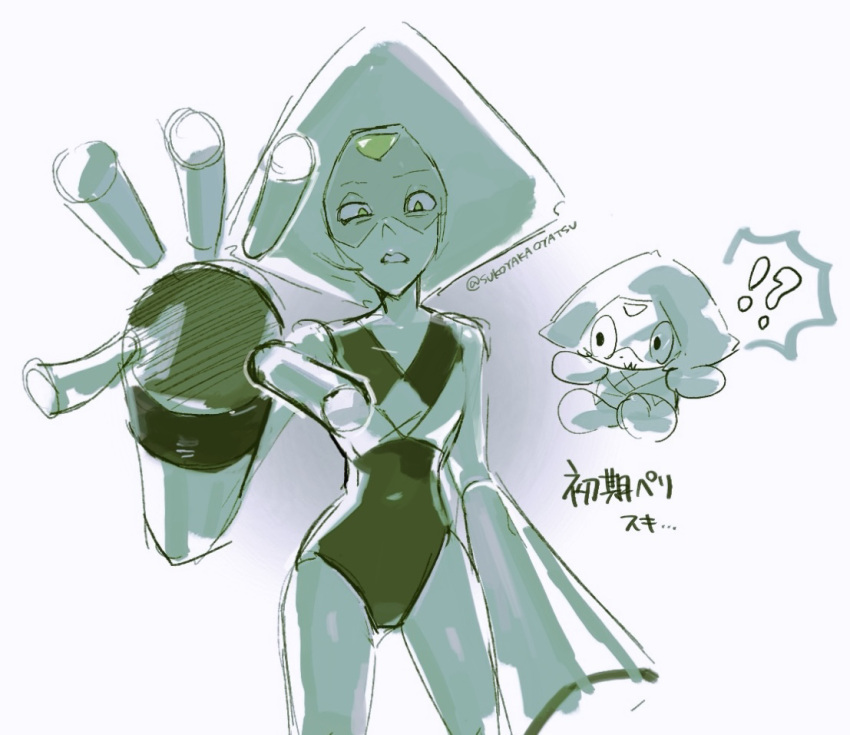 1girl alien antenna0203 commentary_request face_shield forehead_jewel gem gem_(steven_universe) homeworld_gem_uniform leotard limb_enhancers_(steven_universe) peridot_(steven_universe) short_hair simple_background steven_universe triangle-shaped_hair