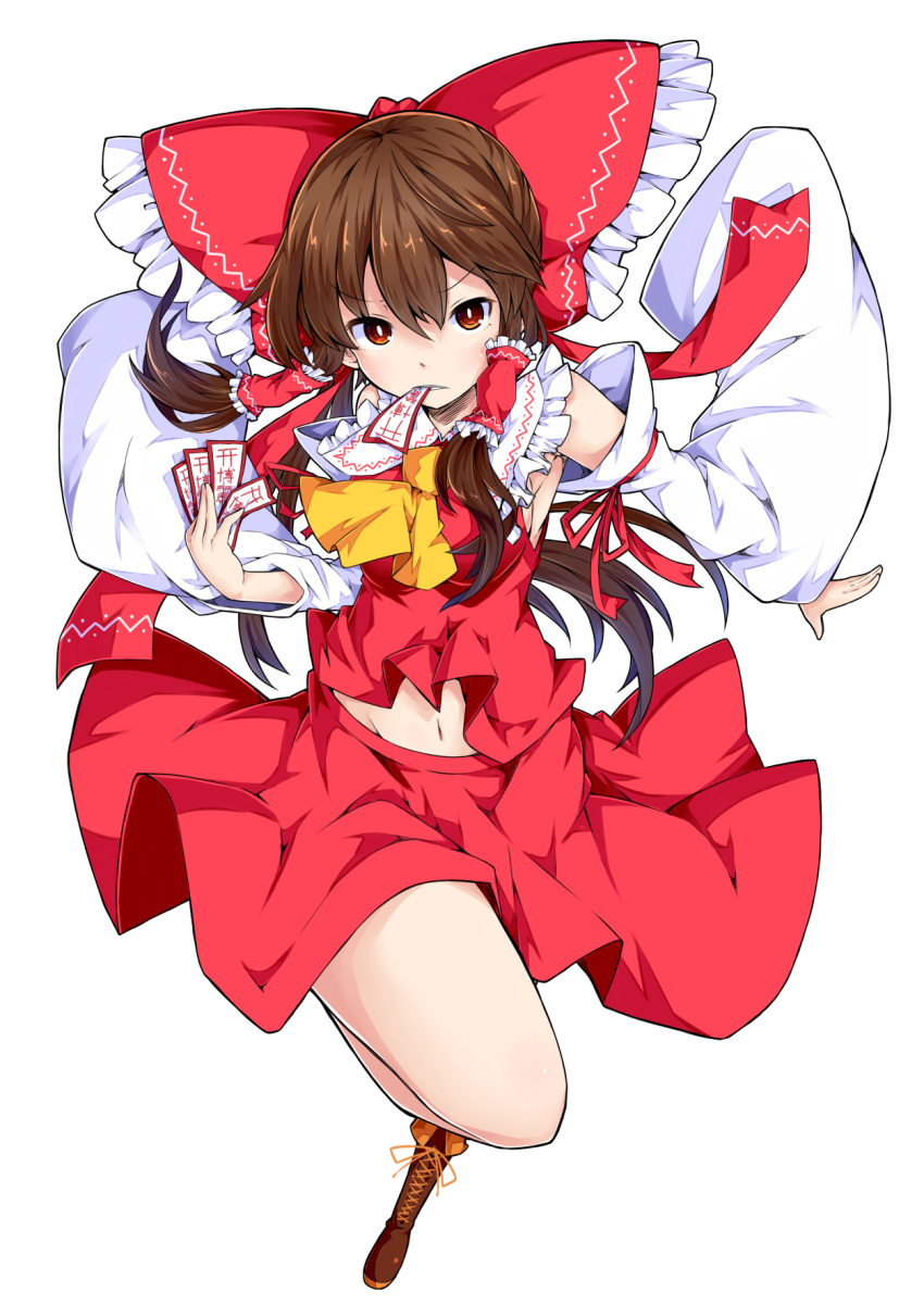 1girl ass boots bow brown_eyes brown_hair cross-laced_footwear detached_sleeves foreshortening full_body hair_bow hair_tubes hakurei_reimu highres ishimu long_sleeves looking_at_viewer mouth_hold navel red_skirt shirt simple_background skirt skirt_set solo spell_card touhou white_background wide_sleeves
