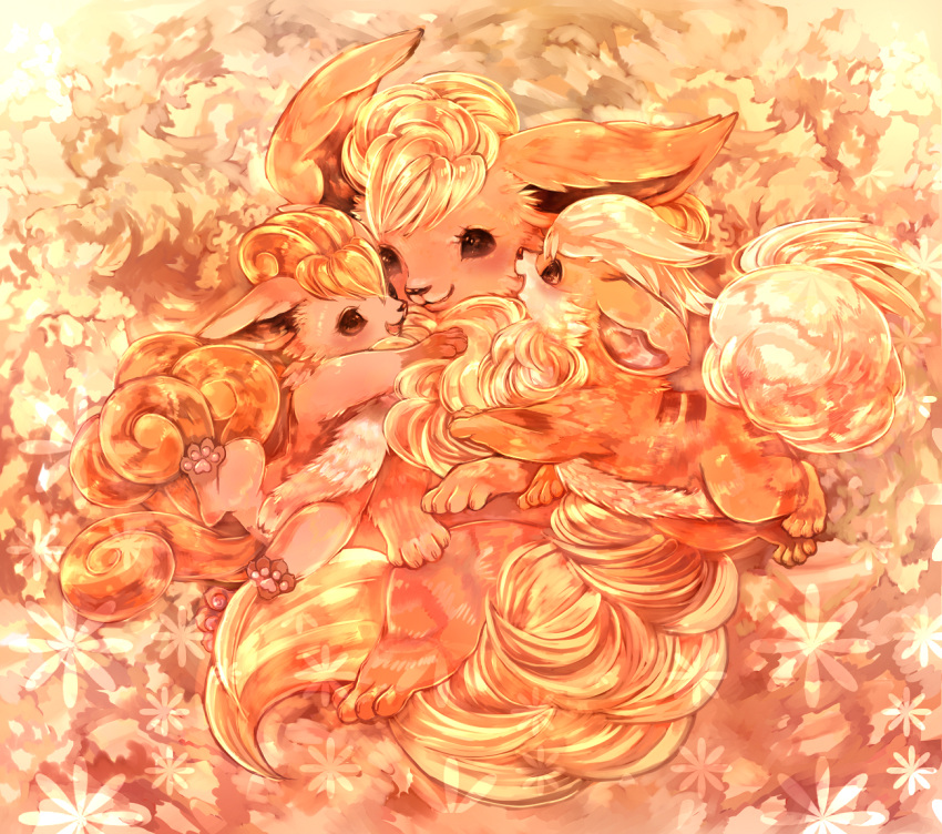 flareon flower group_hug growlithe hug kanami_(pitagora0712) looking_at_another lying no_humans on_back orange_(color) paws pokemon smile vulpix